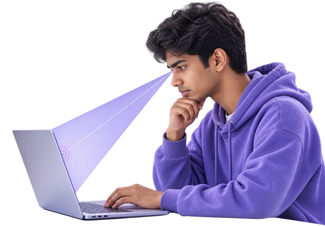A student reading on a laptop while the camera follows where their eyes go